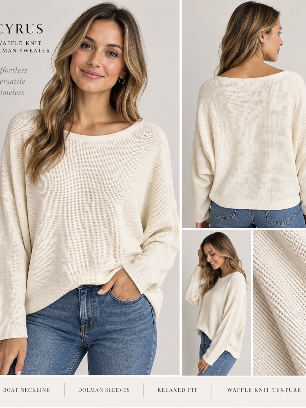 Cyrus Ivory Waffle Knit Dolman Sweater Women’s M Boat Neck